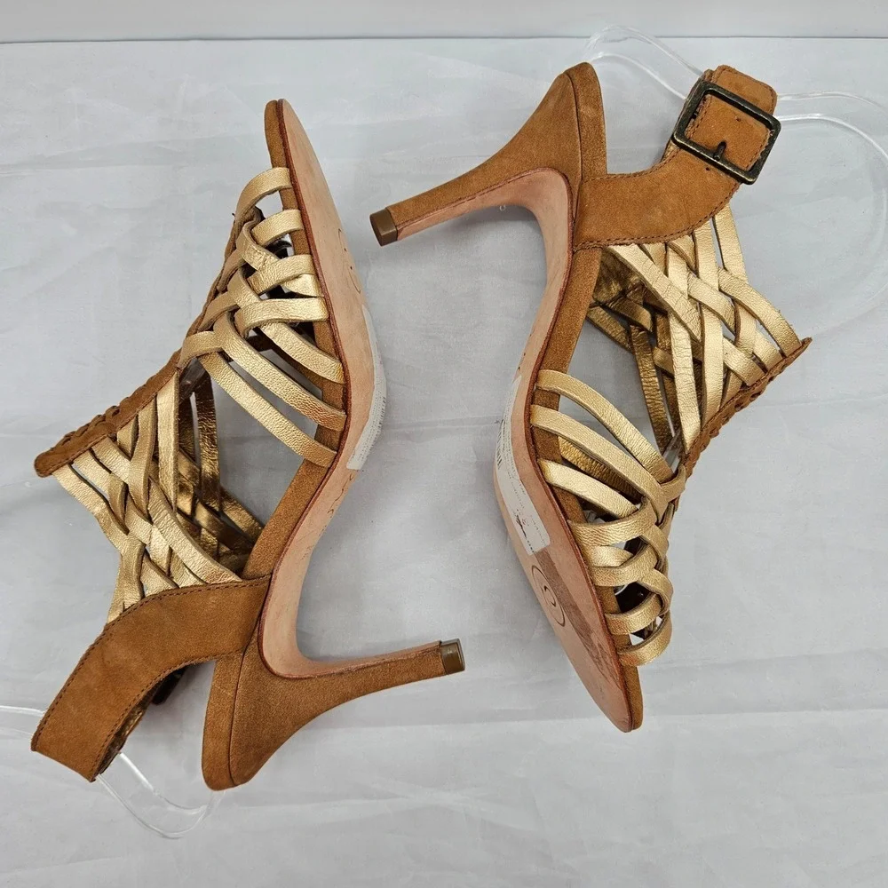 Cynthia Vincent Ramsay Gold Tan Leather Woven Strappy Mid Heel Sandals Size 6